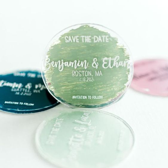 Save the date or Thank you tag Round painted back & words in colour 8 x 8 cm