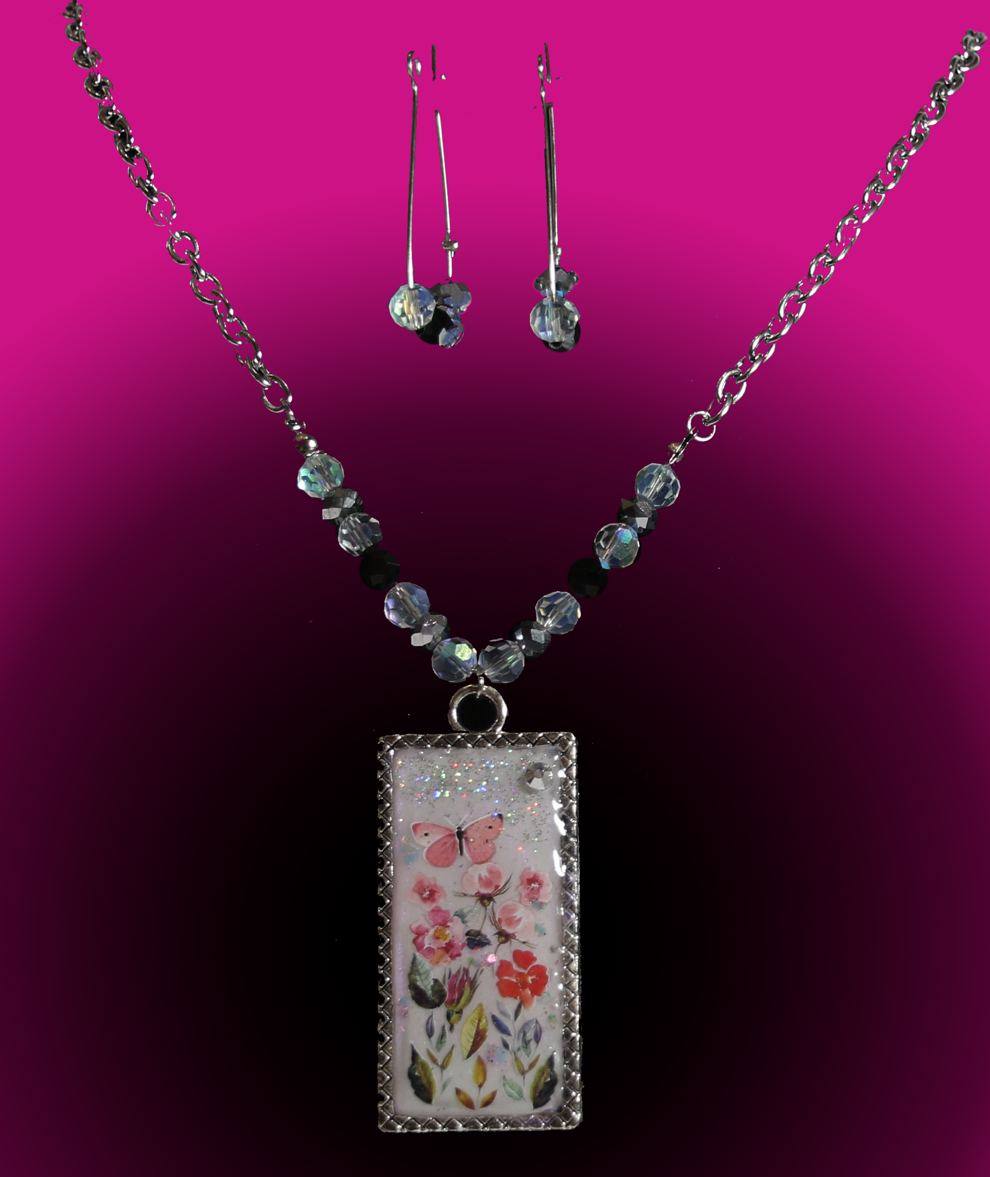 Floral Rectangle Metal Pendant with Glass Beads and Earring Set