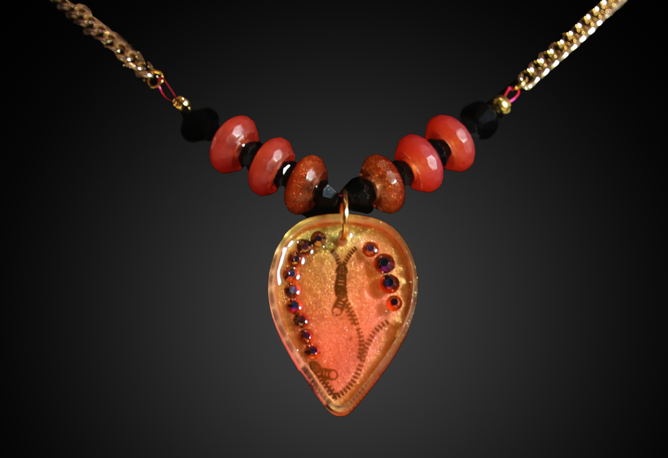 Fire Orange Teardrop Pendant with Zipper and necklace