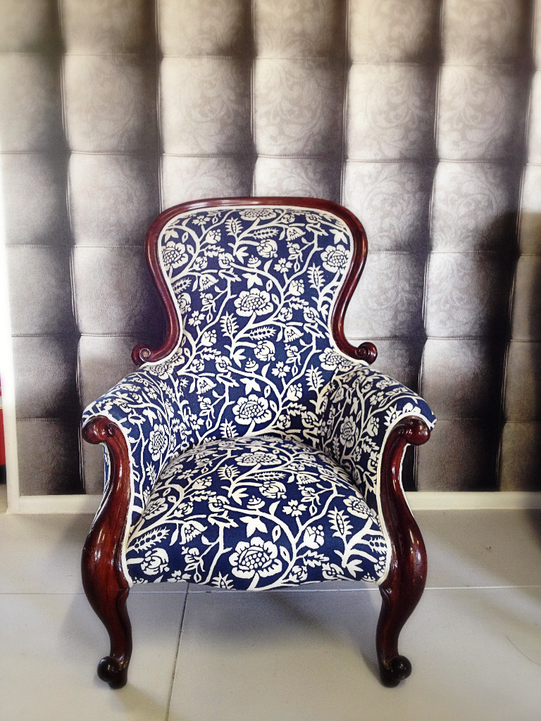 Armchair Upholstered in a White and Navy Foral Fabric 