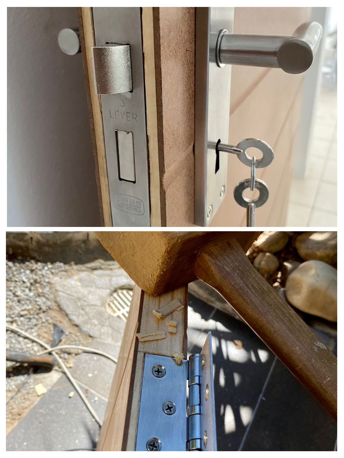 Mortice lock and hinge fitting, door hanging