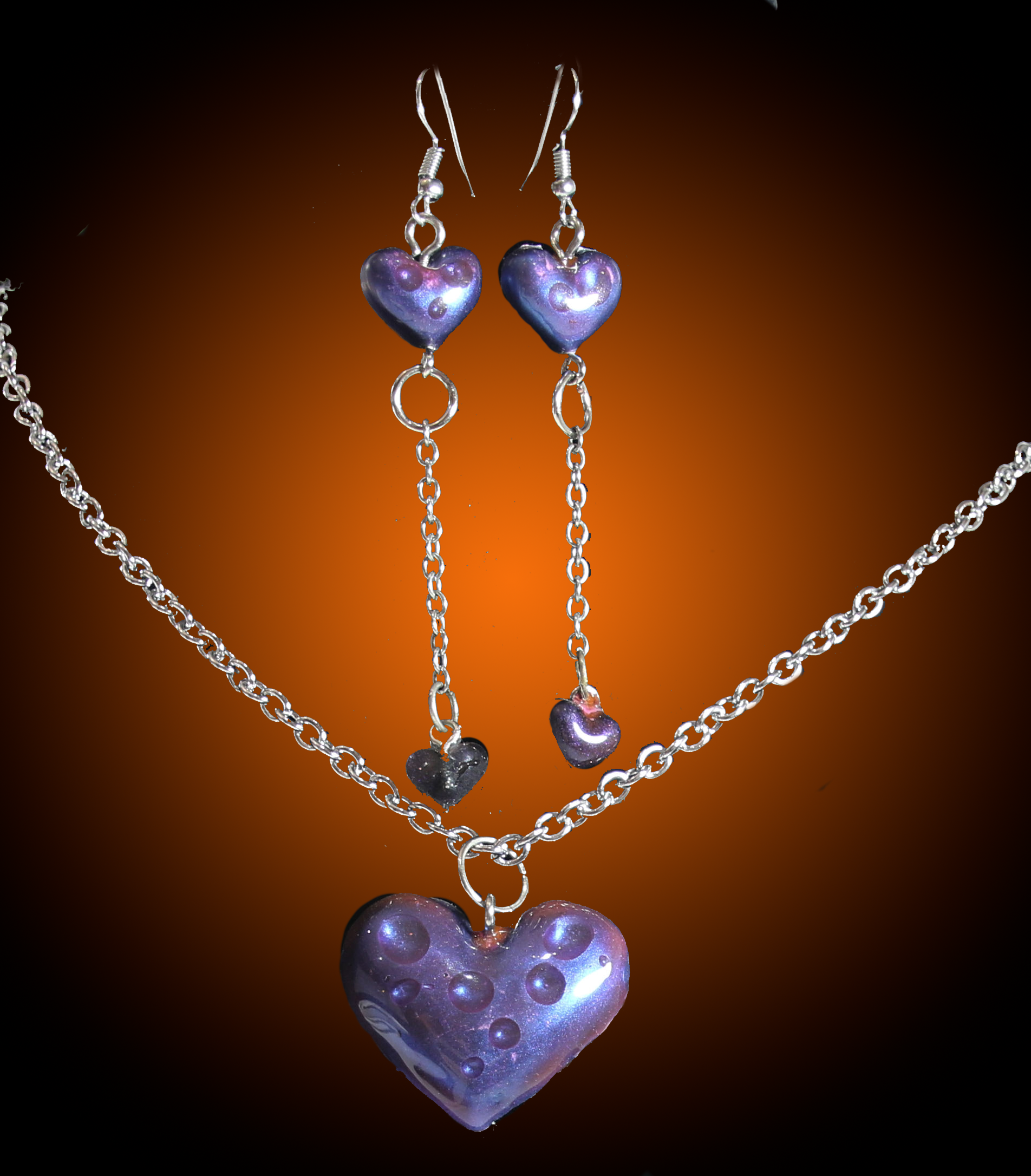 Purple Water Droplet Effect Heart Shaped Necklace with Matching Earring Set