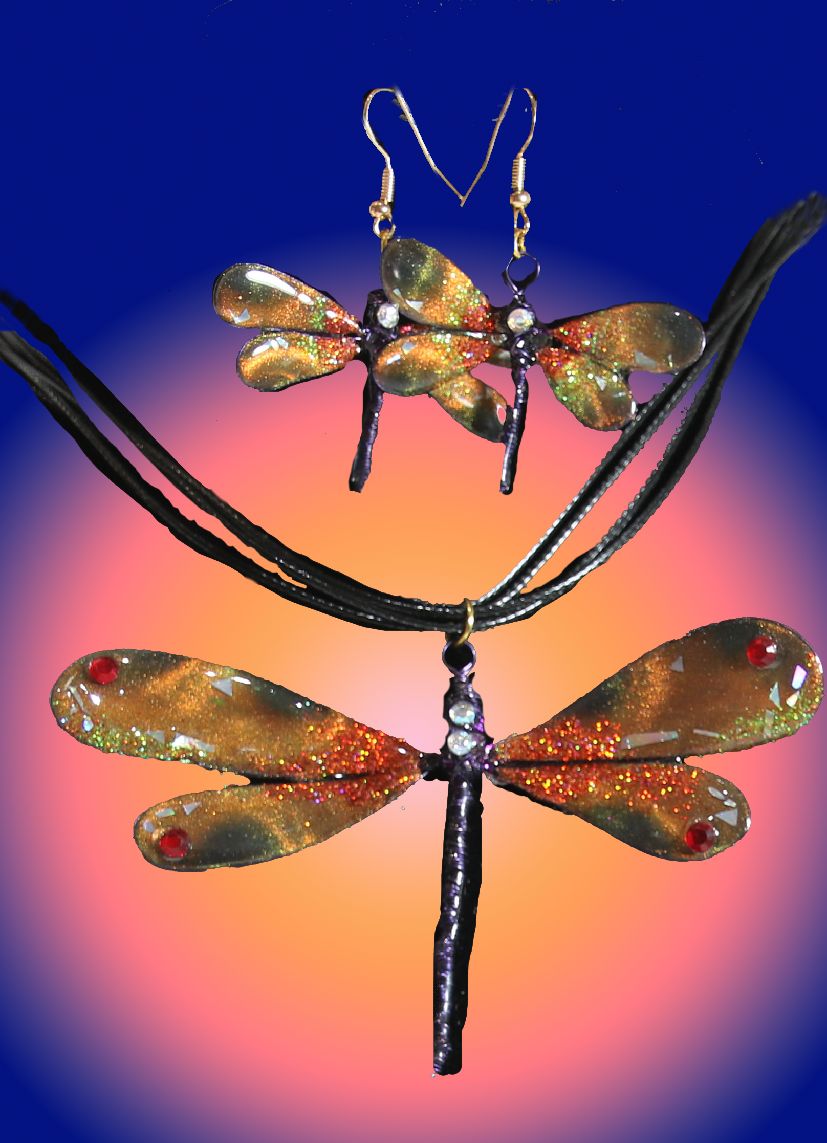 Wire Crafted and Resin dragonfly with Matching Dragonfly Earring set