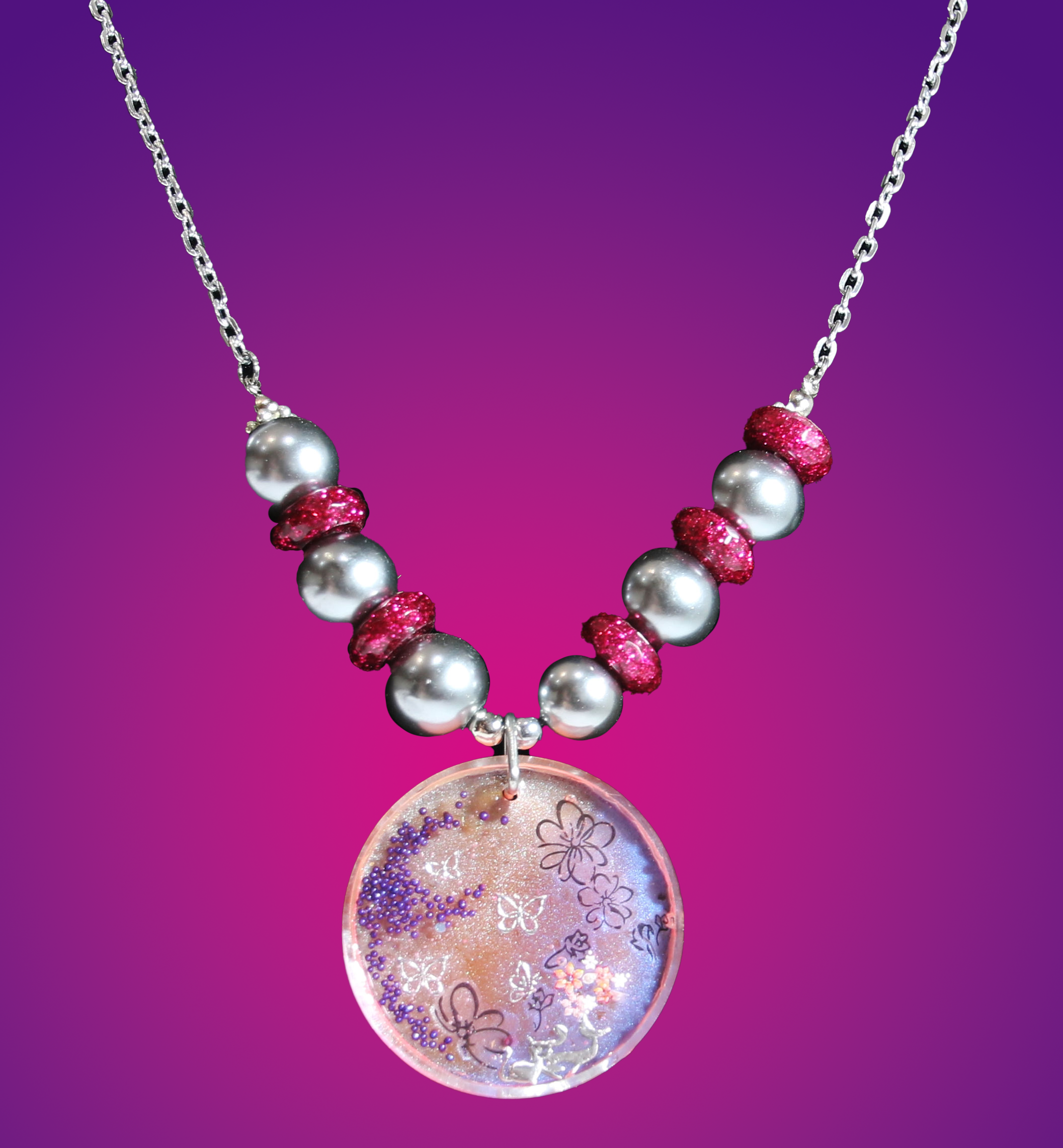 Round Pink and Silver Pendant with Microbeads and Silver Butterflies Necklace