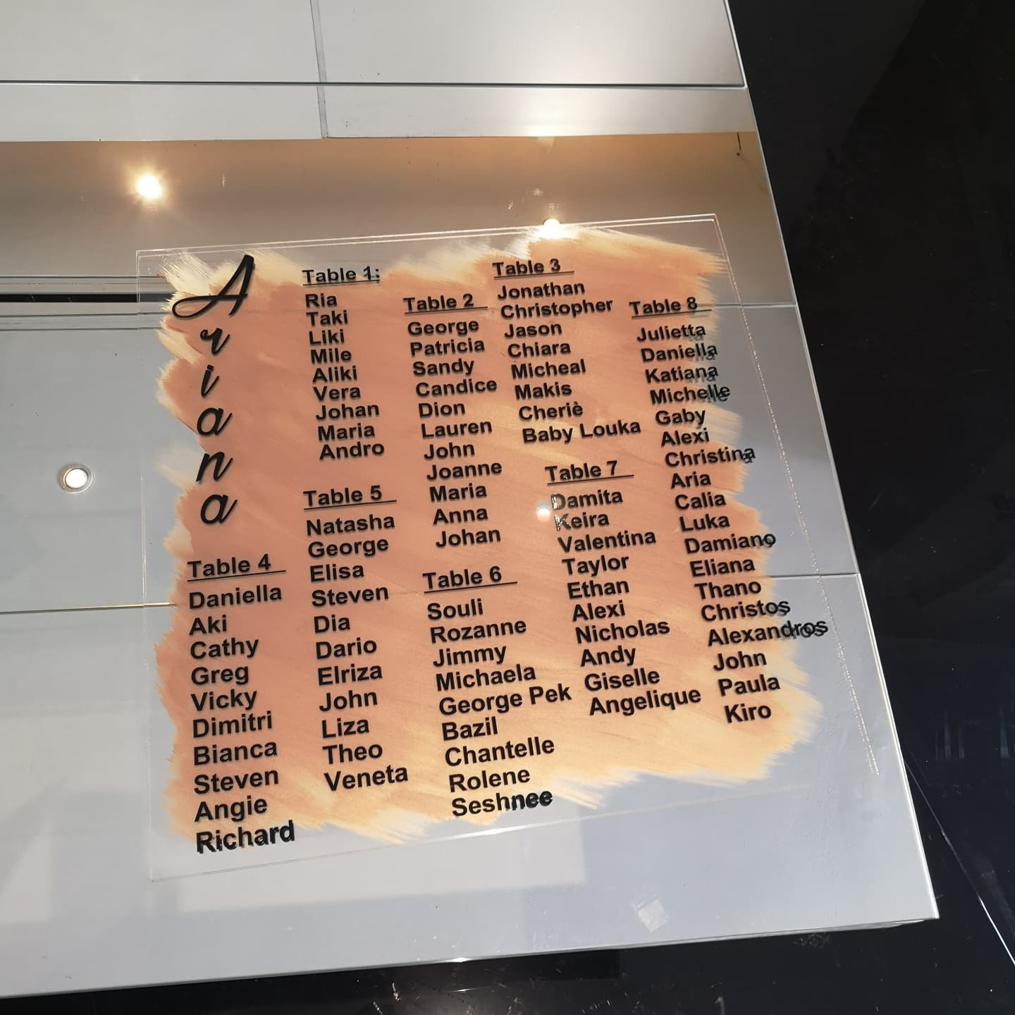 Acrylic Table seating board up to 60 names 42 x 60 cm - in different colours or painted back