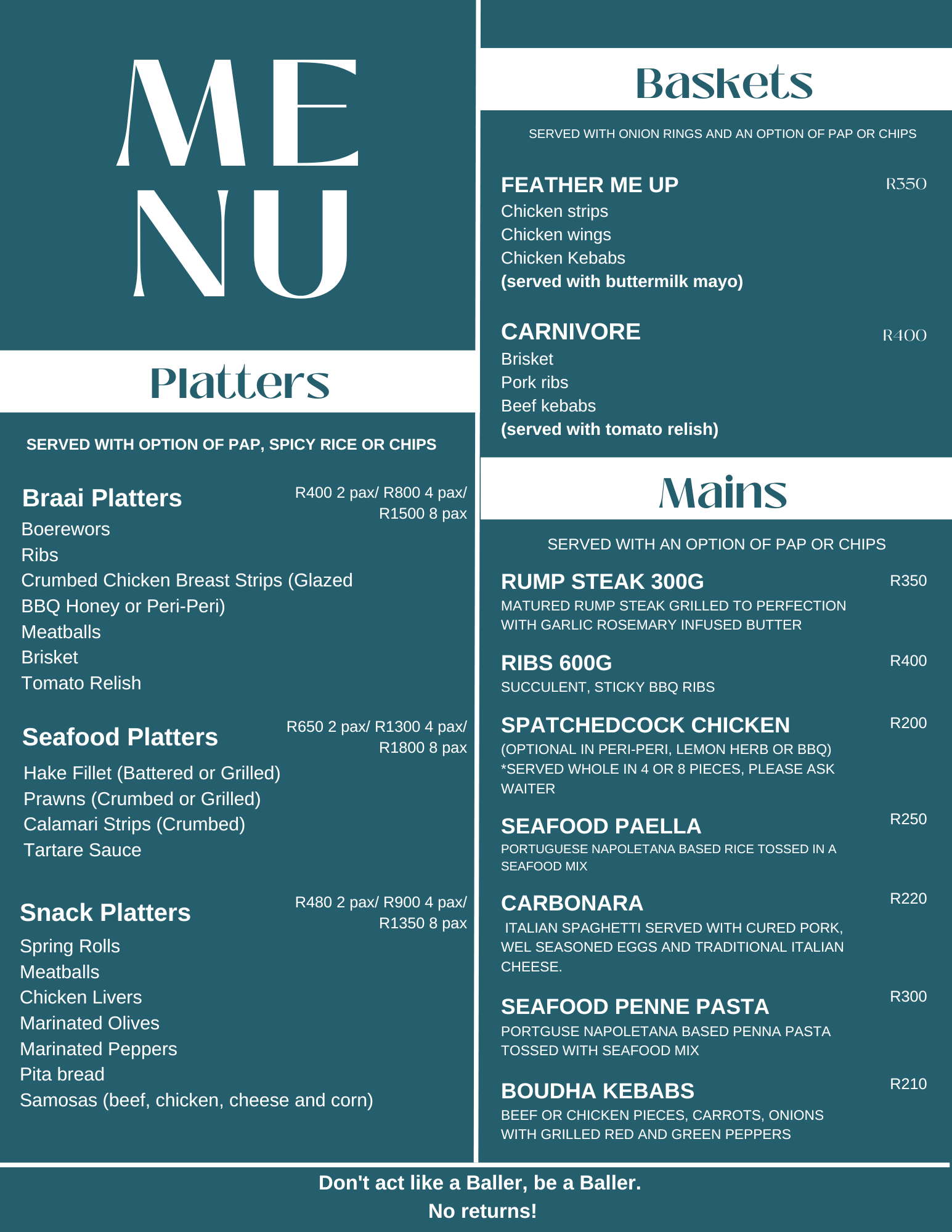 first page of menu