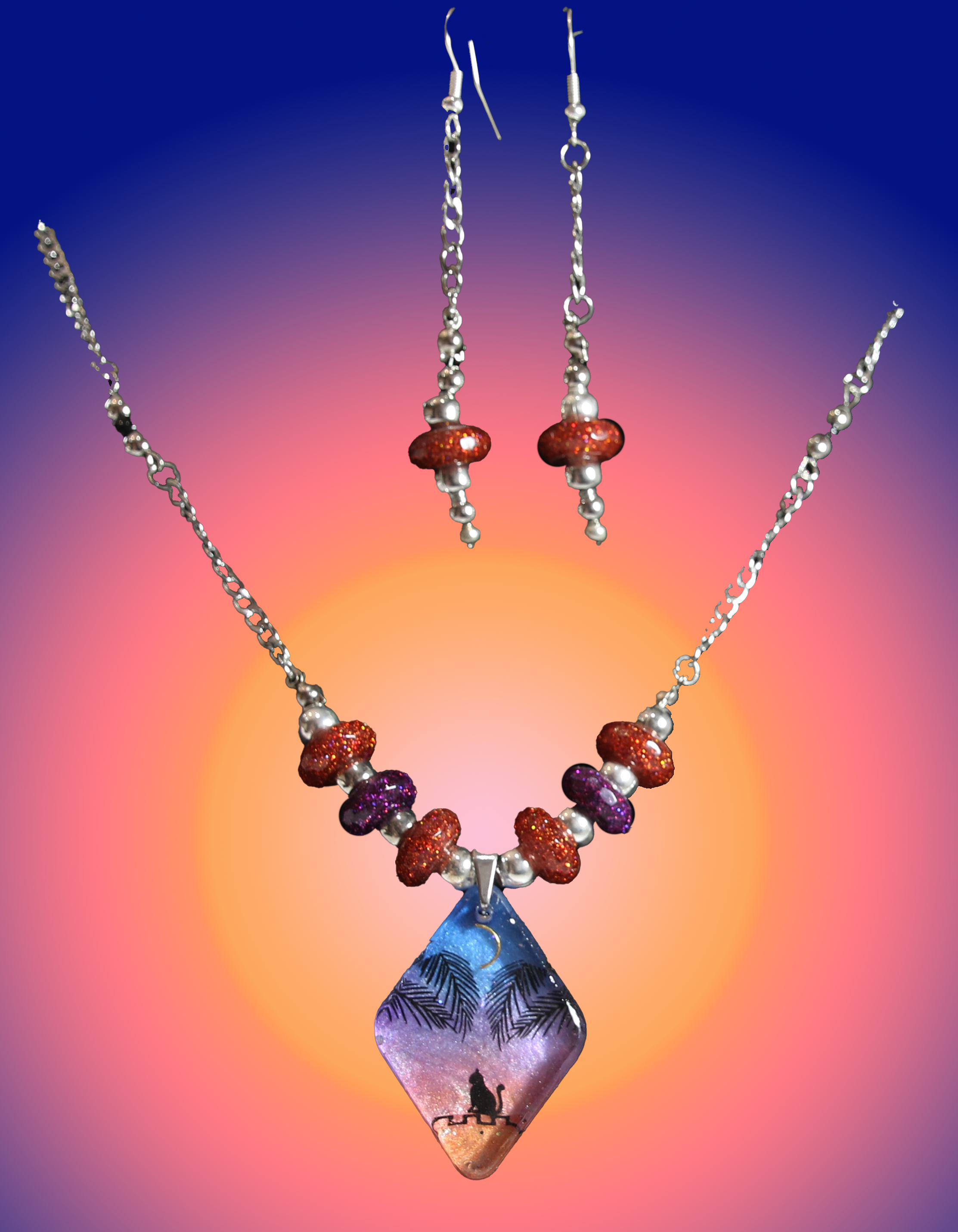 Sunset Cat Pendant with Matching Earring Set