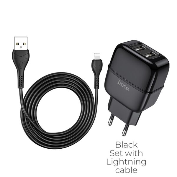 Hoco C77A Highway dual port charger EU plug set with cable – Black