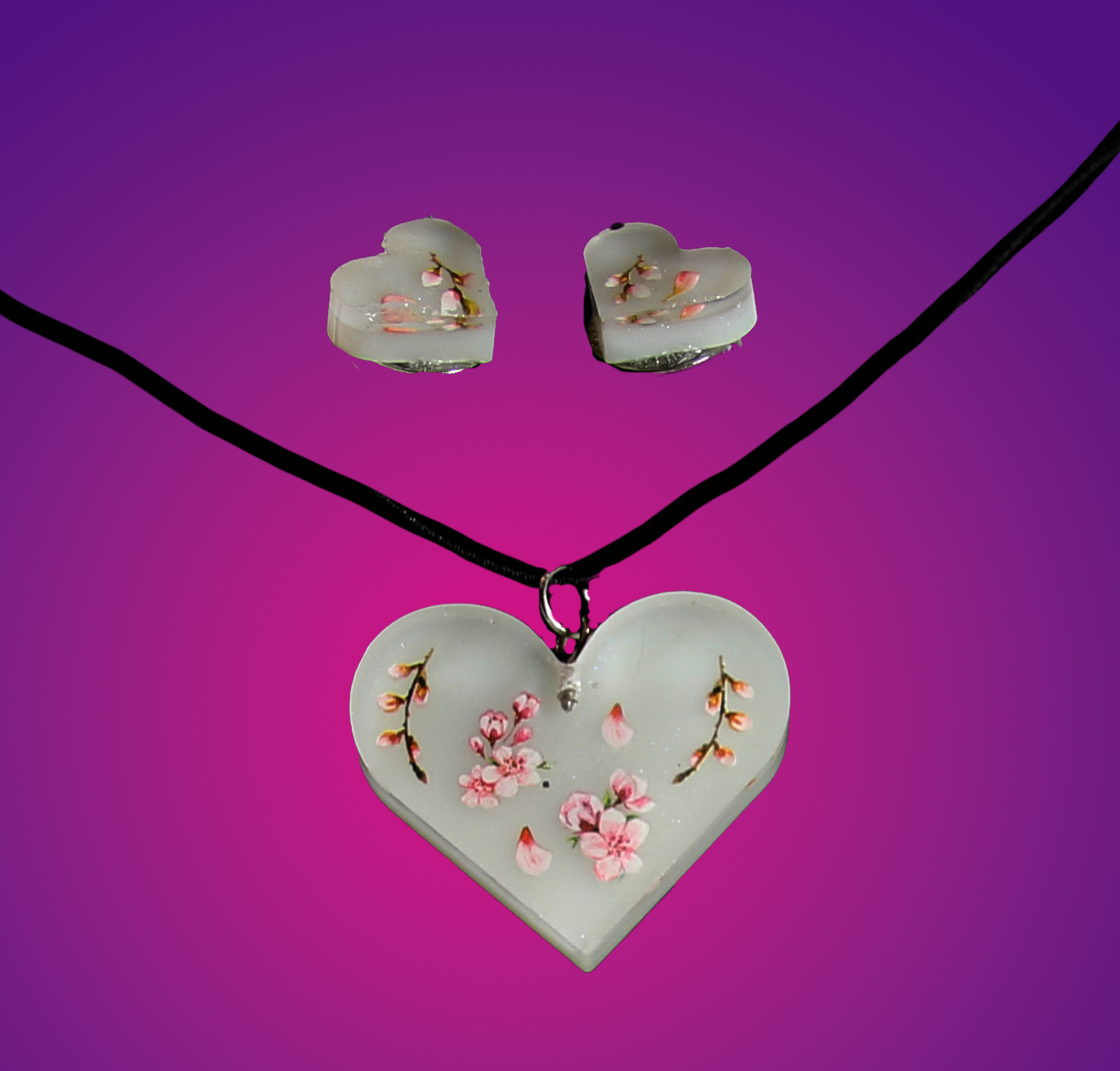 White Floral Heart Shaped Pendant with Matching Clip-On Earring Set
