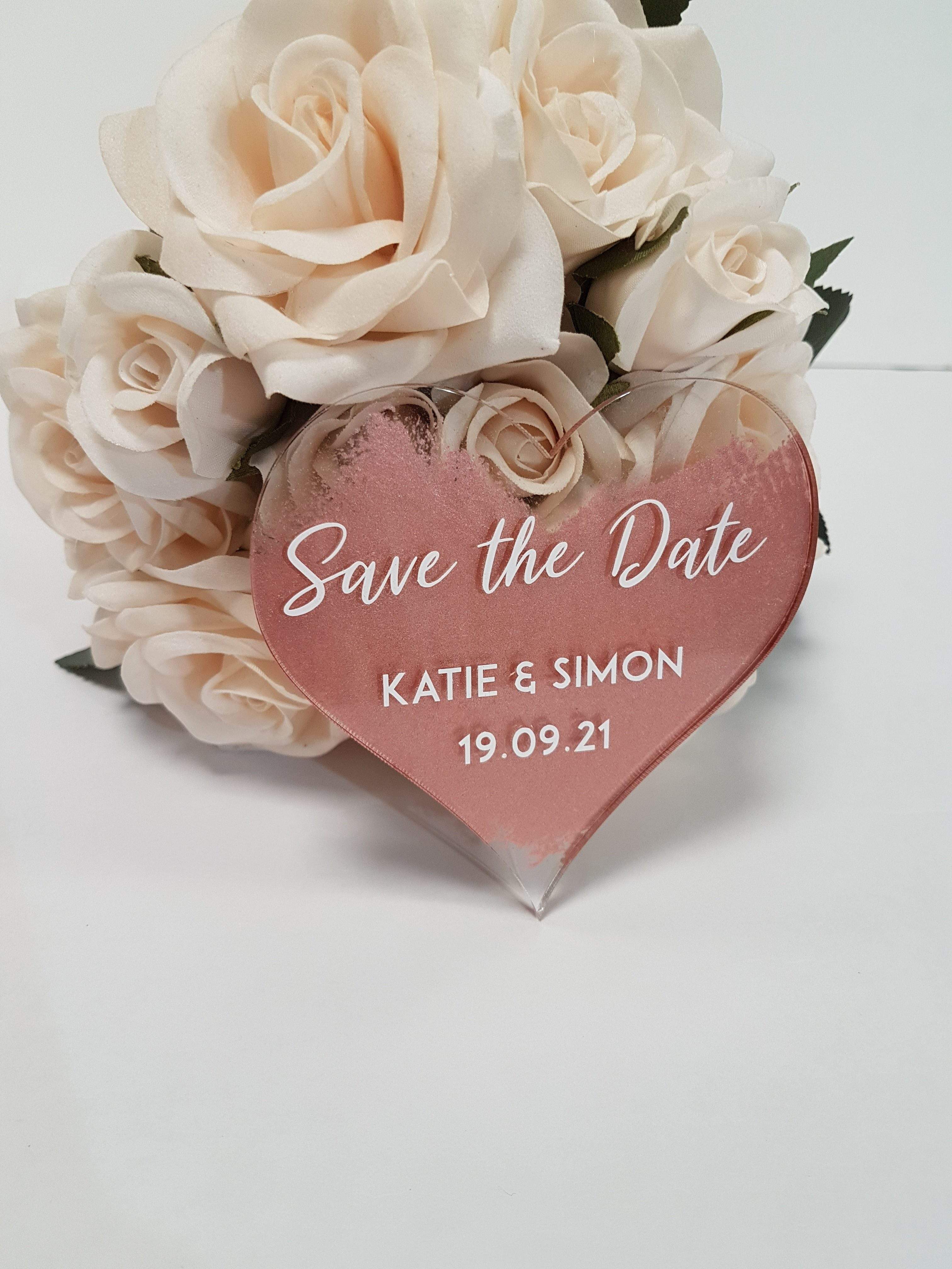 Save the date Heart Acrylic painted back & the wording in colour 8 x 8 cm