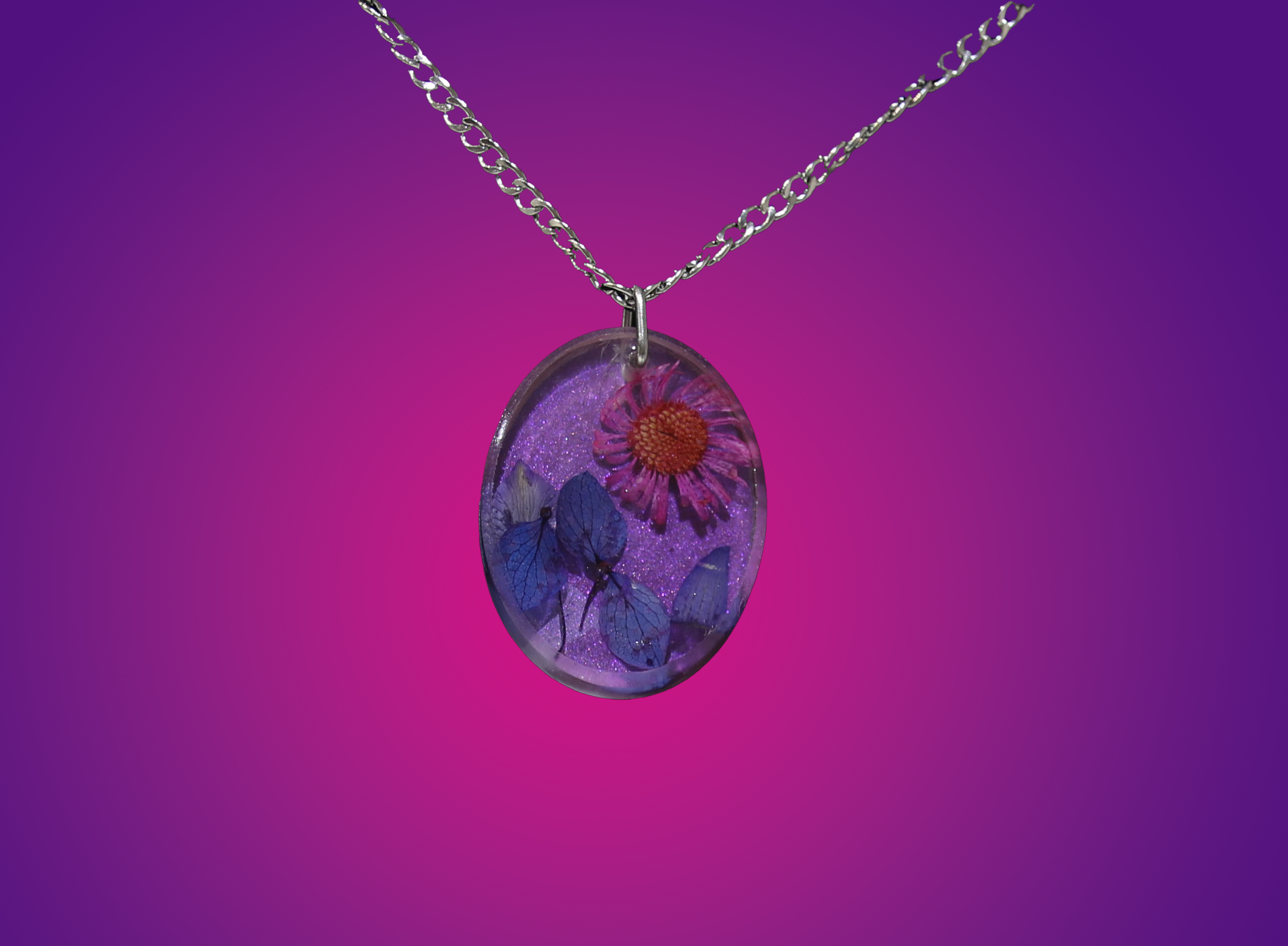 Pink Pendant with Real Dried Flowers and Necklace