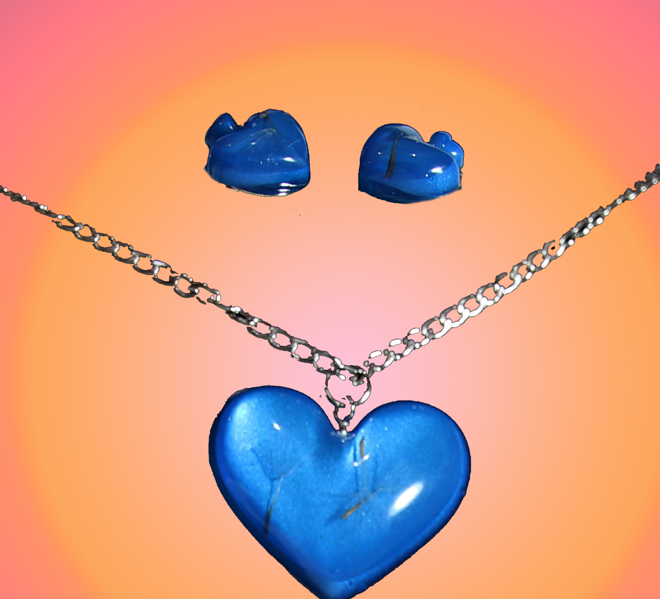Blue heart Pendant with Real Dandelion Seeds and Matching Clip-on Earring set