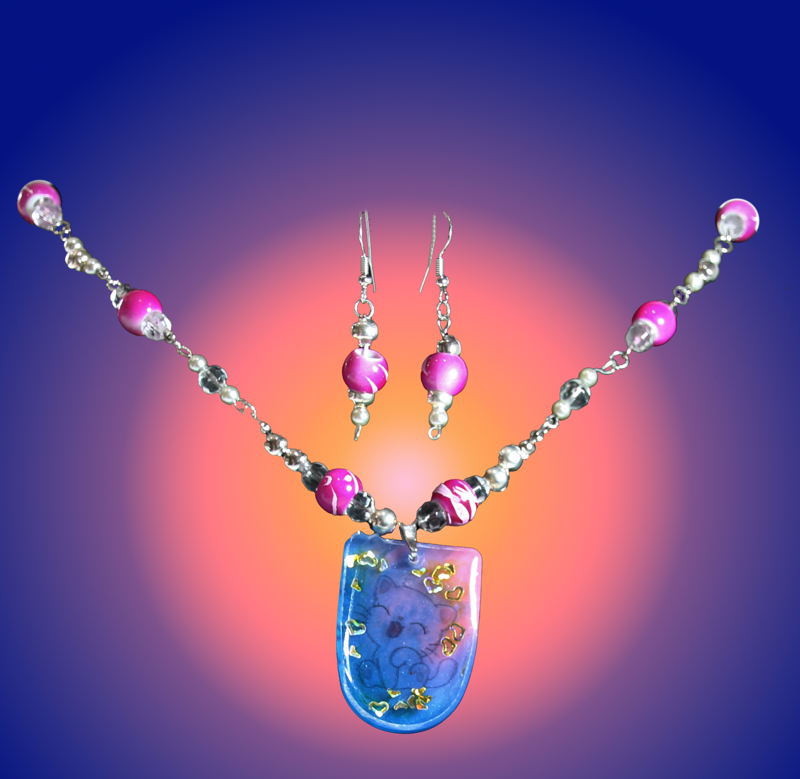 Pink and Crystal Necklace with Pink and Blue Laughing Cat Pendant
