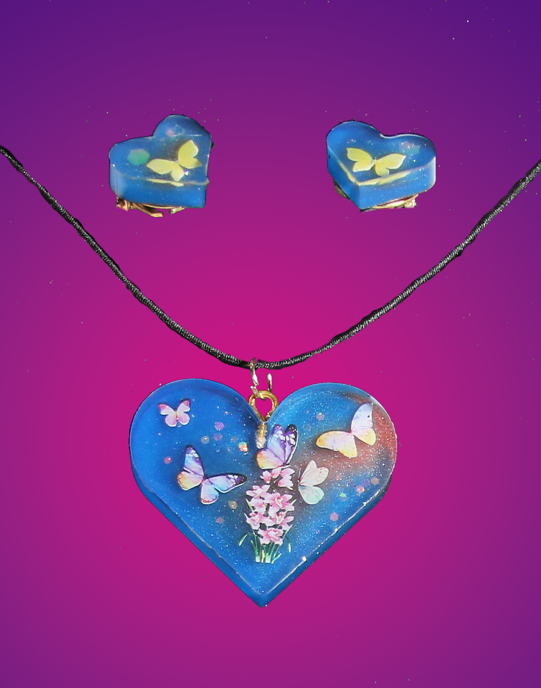 Blue Heart Shaped Pendant with Butterflies and Matching Clip-On Earrings